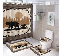 Ensemble de 4 pièces comprenant un rideau de douche rustique avec motif ourson soleil (183 cm x 183 cm), un couvre-abattant de toilette antidérapant, un tapis en forme de U et un ensemble de décorati