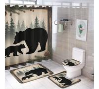 Ensemble de 4 pièces comprenant un rideau de douche rustique en bois avec motif ourson (72 po x 72 po), un couvre-abattant de toilette antidérapant, un tapis en forme de U et un ensemble de décoratio
