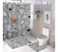 Ensemble de 4 pièces comprenant un rideau de douche rustique en galets et sable (183 cm x 183 cm), un couvre-abattant de toilette antidérapant, un tapis en forme de U et un tapis de salle de bain gri