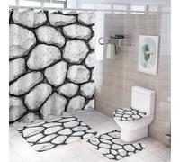 Ensemble de 4 pièces comprenant un rideau de douche texturé galets sans couture (183 cm x 183 cm), un couvre-abattant de toilette antidérapant, un tapis en forme de U et un ensemble de décoration de