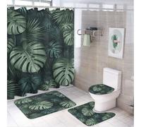 Ensemble de 4 pièces comprenant un rideau de douche tropical Monstera Palm Jungle Folie (183 cm x 183 cm), un couvre-abattant de toilette antidérapant, un tapis en forme de U et un ensemble de décora