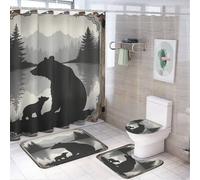 Ensemble de 4 pièces comprenant un rideau de douche vintage avec cadre rouillé, motif ourson (72 po x 72 po), un couvre-abattant de toilette antidérapant, un tapis en forme de U et un ensemble de déc
