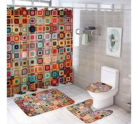 Ensemble de 4 pièces de rideau de douche et tapis antidérapants pour abattant de toilette et tapis de bain pour salle de bain Motif géométrique coloré Style disco