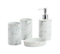 Ensemble de 4 pièces de salle de bain en céramique avec distributeur de savon, brosse à dents, gobelet, accessoires de salle de bain avec plat pour décoration de badrum, décoration côtière (blanc