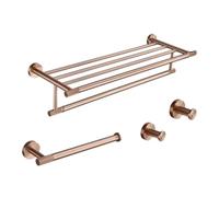 Ensemble de 4 pièces en Laiton doré Rose brossé moleté Comprenant Un Porte-Brosse de Toilette, Un Porte-Papier Toilette, Une Barre Porte-Serviettes, Un Crochet et Un Porte-Savon.