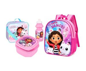 Ensemble de 4 pièces officiel Gabby's Dollhouse pour filles - Sac à dos standard, sac à déjeuner isotherme, boîte à déjeuner et bouteille d'eau - Sac à dos d'école, de voyage DreamWorks pour enfants