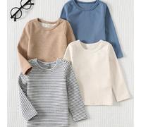 Ensemble de 4 pièces pour jeune garçon, t-shirts pull-over à manches longues en tricot doux, col ras-du-cou, rayures et couleurs unies, sous-couche pour automne/hiver 6Y,7Y,4Y,5YRayéTissu tricoté