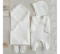 Ensemble de 4 pièces pour nouveau-né : body blanc à col claudine en dentelle mignon, chapeau, couverture d'emmaillotage et gants 6-9M,0-1M,1-3M,3-6MUnicolorePolyester,Tissu tricoté
