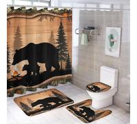 Ensemble de 4 pièces pour salle de bain, motif ourson, bois, arbre et feu de camp : rideau de douche 72 po x 72 po, tapis antidérapant pour couvercle de toilette et tapis en forme de U, ensemble de d