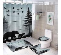 Ensemble de 4 pièces pour salle de bain, motif ourson et forêt, rideau de douche 72 po x 72 po, tapis antidérapant pour couvercle de toilette et tapis en forme de U, ensemble de décoration rustique e