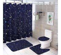 Ensemble de 4 pièces pour salle de bain - Rideau de douche - Tasse de salle de bain - Tapis de bain antidérapant - Housse de couvercle de toilette - Constellations phosphorescentes - Rideau de douche