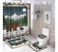 Ensemble de 4 pièces : rideau de douche Lune avec motif ours et ourson (183 cm x 183 cm), couvre-abattant de toilette antidérapant, tapis en forme de U et décoration de salle de bain rustique en cord