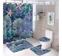 Ensemble de 4 pièces : rideau de douche marin à motifs d'étoiles de mer, de coraux et de fonds marins (72 po x 72 po), tapis antidérapant pour couvercle de toilette et tapis en forme de U, ensemble d