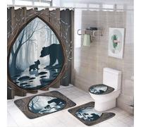 Ensemble de 4 pièces : rideau de douche « Ourson » (183 cm x 183 cm), tapis antidérapant pour couvercle de toilette et tapis en forme de U, ensemble de décoration de salle de bain « Rivière mystique