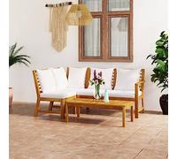 Ensemble de 4 pièces Salon de jardin en bois d'acacia massif crème, résistant aux intempéries, design modulaire pour terrasse et balcon, avec table basse et coussins confortables