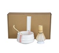Ensemble de 4 pièces service à thé Matcha fait la main, facile nettoyer, avec support, bol, fouet, cuillère, accessoires traditionnels cérémonie pour préparer le matcha(White)