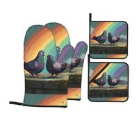 Ensemble de 4 pièces WHJDPP Pigeons Under The Rainbow - Isolation thermique et anti-brûlure - Pour cuisine et barbecue en plein air