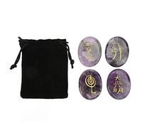 Ensemble de 4 Pierres Chakra Naturelles, Cristaux de Guérison Reiki avec Symboles Gravés, Galets Énergétiques pour Méditation, Lithothérapie et Yoga, Équilibrage des 7 Chakras