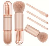 Ensemble de 4 pinceaux de maquillage portables - Pinceau de fond de teint mini rétractable professionnel, pinceau estompeur, pinceau à poudre et pinceau à fard à paupières - Poils en nylon, manche en 