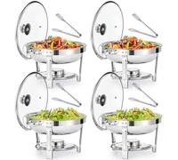 Ensemble de 4 Plats à réchaud Ronds en Acier Inoxydable avec couvercles, bacs à Nourriture et réchauds, Plateaux de Buffet de 5 L pour Restaurants et traiteurs.