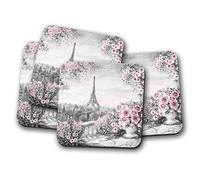 Ensemble de 4 - Pretty Tour Eiffel Dessous de Verre - Paris France Rose roses Fleur Cadeau # 14816