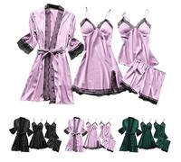 Ensemble de 4 pyjamas en satin pour femme - Robe kimono en dentelle - Nuisette sexy et short - Ensemble de 4 pièces avec rembourrage de poitrine - Pyjama en satin pour femme - Hiver, Noir , M