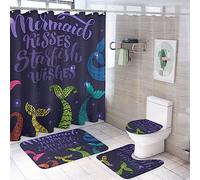 Ensemble de 4 rideaux de douche colorés en forme de queue de sirène, imprimé galaxie violette fantastique, citations nautiques inspirantes, ensemble de décoration de salle de bain avec tapis, housse d