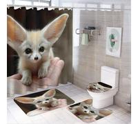 Ensemble de 4 Rideaux de Douche et Tapis de Bain Motif Renard Fennec, hydrofuges, absorbants et en Peluche.