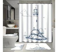 Ensemble de 4 rideaux de douche imperméables à motif abstrait de phare et d'île, avec 12 crochets, tapis de bain vintage, tapis en forme de U et couvre-toilettes pour la décoration intérieure.