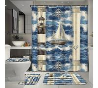 Ensemble de 4 rideaux de douche imperméables à motif aquarelle de phare côtier avec 12 crochets, comprenant un tapis, un tapis de bain en forme de U et un couvre-toilettes pour la décoration de la ma