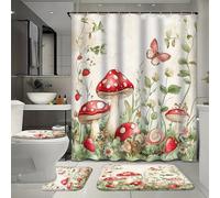 Ensemble de 4 rideaux de douche imperméables à motif champignons féeriques avec 12 crochets, rideaux de salle de bain vintage à motif papillons et fraises avec tapis, tapis en forme de U et couvre-to