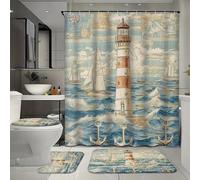 Ensemble de 4 rideaux de douche imperméables à motif de phare abstrait avec 12 crochets, comprenant un tapis de bain, un tapis en forme de U et un couvre-toilettes pour la décoration intérieure, ains
