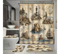 Ensemble de 4 rideaux de douche imperméables à motif de phare et de bateau, avec 12 crochets, comprenant un tapis, un tapis de bain en forme de U et un couvre-toilettes pour la décoration intérieure,