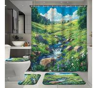 Ensemble de 4 rideaux de douche imperméables à motif de ruisseau naturel avec 12 crochets, comprenant un tapis, un tapis en forme de U et un couvre-toilettes pour la décoration de la maison, ainsi qu