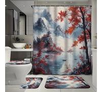 Ensemble de 4 rideaux de douche imperméables à motif lac aquarelle avec 12 crochets, comprenant un tapis, un tapis de bain en forme de U et un couvre-toilettes pour la décoration intérieure, ainsi qu