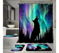 Ensemble de 4 Rideaux de Douche imperméables à Motif Loup avec 12 Crochets, Comprenant Un Tapis, Un Tapis de Bain en Forme de U et Un Couvre-Toilettes pour la décoration de la Maison, Ainsi qu'un Rid