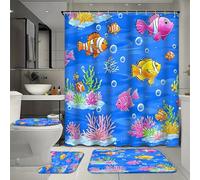 Ensemble de 4 rideaux de douche imperméables à motif océan avec 12 crochets, comprenant un tapis de bain, un tapis en forme de U et un couvre-toilettes, le tout décoré de poissons bleus et de coraux