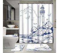 Ensemble de 4 rideaux de douche imperméables à motif phare aquarelle avec 12 crochets, comprenant un tapis de bain, un tapis en forme de U et un couvre-toilettes pour la décoration intérieure, ainsi