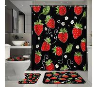 Ensemble de 4 rideaux de douche imperméables à motifs aquarelle de fraises, avec 12 crochets, comprenant un tapis de bain, un tapis en forme de U et un couvre-toilettes pour la décoration intérieure.
