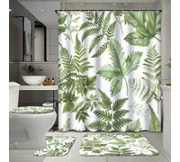 Ensemble de 4 rideaux de douche imperméables à motifs de fougères vertes avec 12 crochets, comprenant un tapis de bain vintage à motif botanique et un tapis de sol en forme de U, ainsi qu'un couvre-t