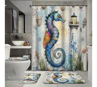 Ensemble de 4 rideaux de douche imperméables avec motif phare et hippocampe, comprenant un tapis, un tapis de bain en forme de U et un couvre-toilettes, pour une décoration intérieure vintage sur le