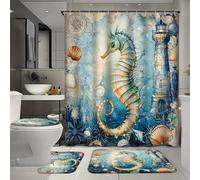 Ensemble de 4 rideaux de douche imperméables avec motif phare et hippocampe, comprenant un tapis, un tapis de bain en forme de U et un couvre-toilettes, pour une décoration intérieure élégante et vin