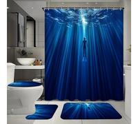 Ensemble de 4 rideaux de douche imperméables Mystery Diver avec 12 crochets, motif océan bleu naturel, comprenant un tapis, un tapis en forme de U et un couvre-toilettes pour la décoration de votre s
