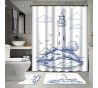 Ensemble de 4 rideaux de douche imperméables style croquis avec phare et 12 crochets, motif marin, côtier et oiseaux, comprenant un tapis, un tapis en forme de U et un couvre-toilettes pour la décora