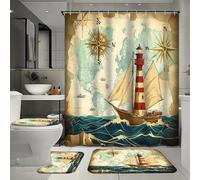Ensemble de 4 rideaux de douche imperméables style graffiti avec phare et 12 crochets, motif voilier vintage, comprenant un tapis, un tapis de bain en forme de U et un couvre-toilettes pour la décora