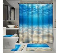 Ensemble de 4 rideaux de douche imperméables sur le thème de l'océan, avec 12 crochets, motif paysage sous-marin bleu moderne, tapis de bain, tapis en forme de U et couvre-toilettes pour la décoratio