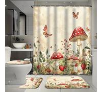 Ensemble de 4 rideaux de douche imperméables vintage à motif champignons avec 12 crochets, tapis de bain rustique à motif fraises et papillons, tapis de bain en forme de U et couvre-toilettes pour la