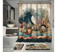 Ensemble de 4 rideaux de douche imperméables vintage à motif vagues côtières avec 12 crochets, rideaux de salle de bain rétro inspirés de l'océan, des coraux et des coquillages, tapis de bain en form