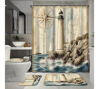 Ensemble de 4 rideaux de douche imperméables vintage avec 12 crochets, motif phare, carte ancienne, paysage marin, tapis, tapis de bain en forme de U et couvre-toilettes pour la décoration intérieure