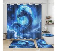 Ensemble de 4 rideaux de douche motif dragon japonais cosmique, tapis antidérapants motif dragon de pleine lune et nébuleuses de galaxie mythique, housse d'abattant de WC et tapis de bain, durables et